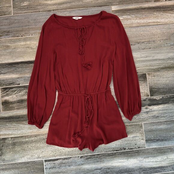 Deep Red Long Sleeve Short Romper with Drawstring waist and neckline Size XS - Picture 6 of 7